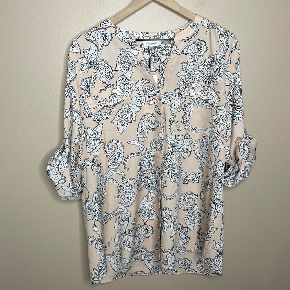Calvin Klein Pink Paisley Button Up Blouse Size XL NWT